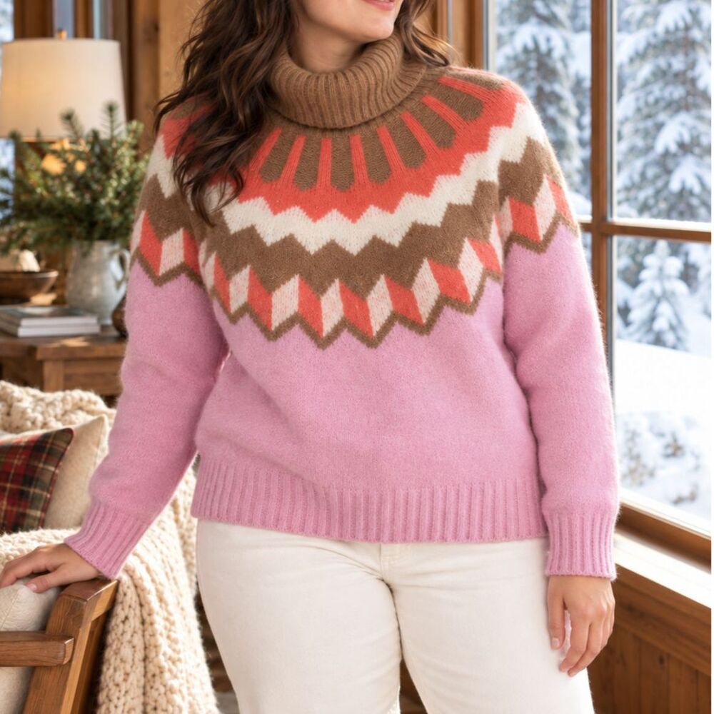 J.Crew Pink Fair Isle Turtleneck Sweater XL Wool Alpaca Supersoft Cozy Preppy
